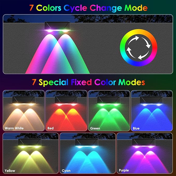 Derynome Solar Fence Lights Outdoor, RGB & Warm White & 6 Colors Dusk to Dawn IP45 Waterproof Solar Garden Lights for Outside, Step, Yard, Step, Patio & Wall (Color Change+7 Color, 8 Pack)