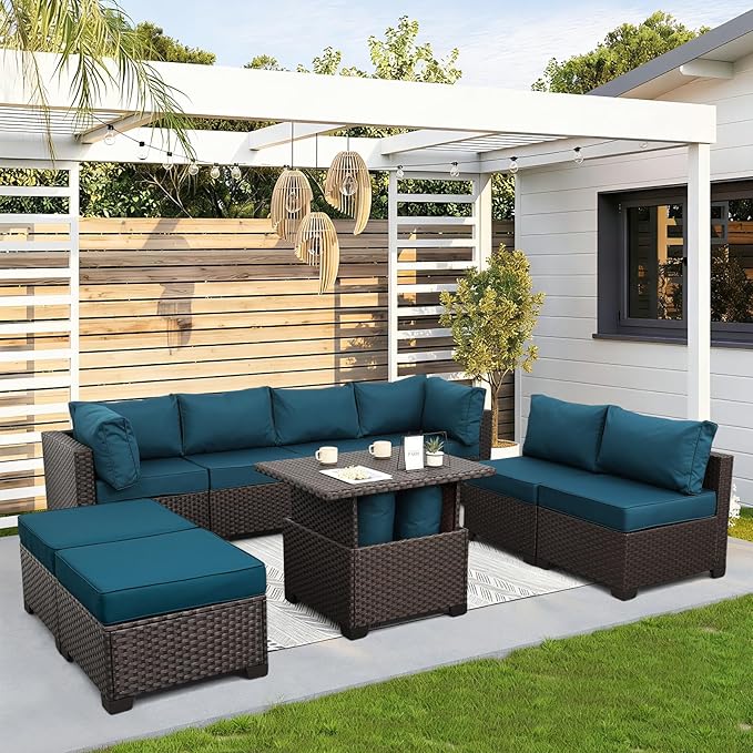 9 Pieces Wicker Patio Furniture Set Outdoor PE Rattan Sectional Conversation Sofa Set with Peacock Blue Cushions and Storage Table