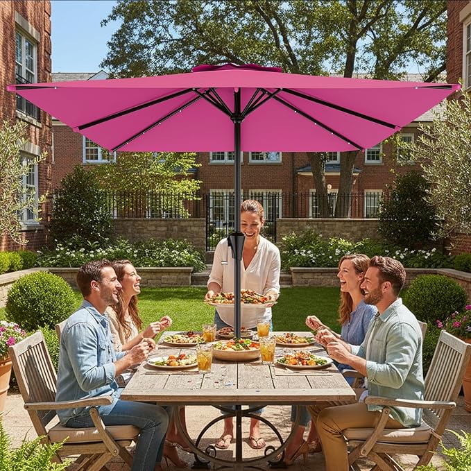 AreShark 8' X 10' Rectangular Patio Umbrella with Solar Lights, Lighted Solar Umbrella with Crank, Outdoor Table Umbrella for Garden, Deck, Backyard, Pool and Beach, Rose Pink