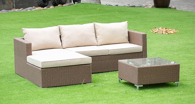 East West Furniture ACL3S02A 3 Piece Patio Conversation Set - Outdoor Sectional Sofa Set Contains a Rectangle Glass Top Wicker Coffee Table and Linen Fabric Cushion , 63x87 Inch, Brown