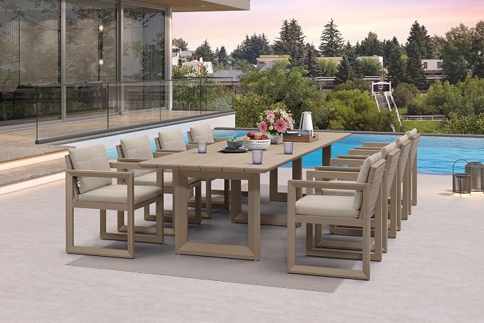 PURPLE LEAF 9-piece Outdoor Dining Set Aluminum Luxury Patio Furniture Table and Chairs Set with All Weather Thick Cushion Rectangular Patio Dining Sets for Large Backyard Garden Poolside, Khaki