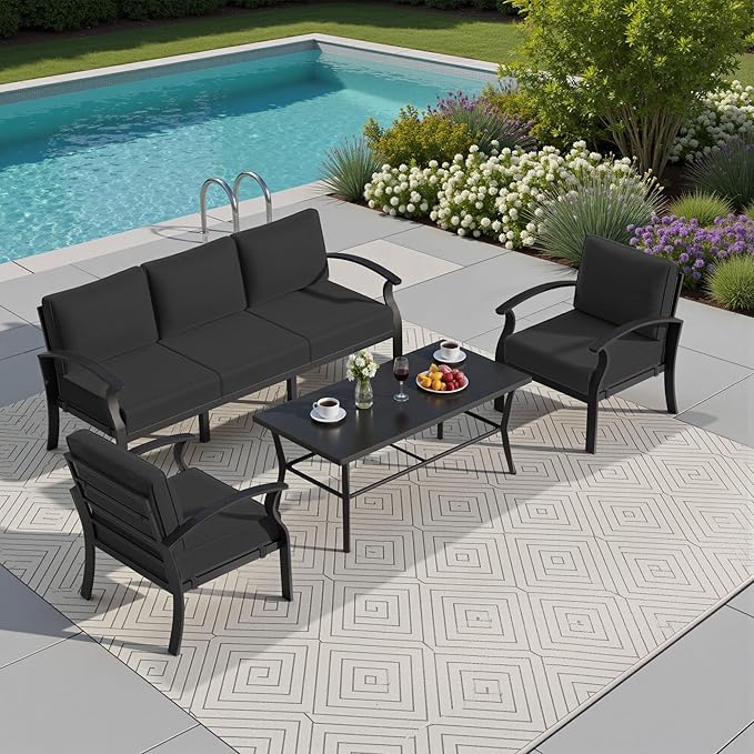 Kullavik Aluminum Patio Furniture Set with Rectangular Coffee Table,5-seat Metal Outdoor Sectional Furniture w/5.1" Cushions,Patio Conversation Sets for Garden,Backyard,Porch-Black