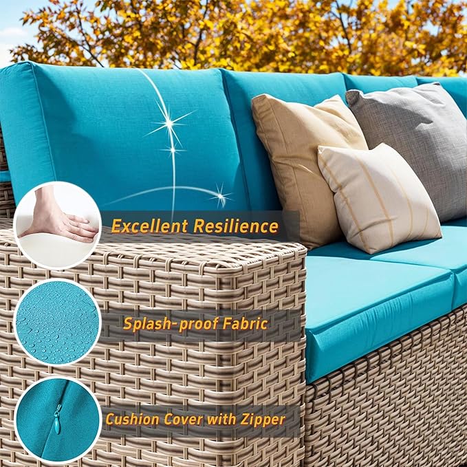 10 Pieces Patio Furniture Set with Fire Pit Table, Outdoor Sectional Wicker Sofa with Thick Cushions, High Back Swivel Rocker Patio Chairs, Rattan Conversation Set with Coffee Table, Cyan