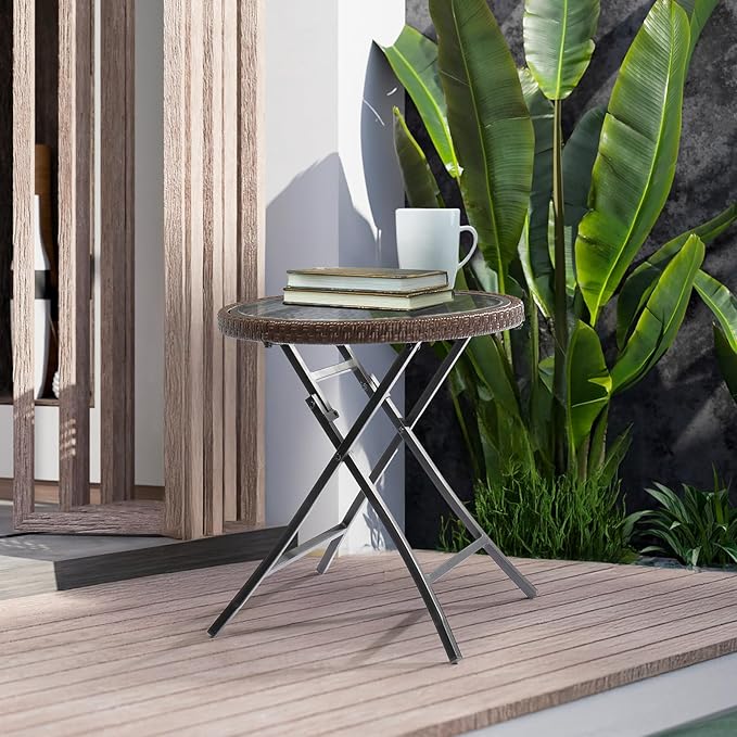 Outdoor Wicker Side Table with Tempered Glass, Lightweight Foldable Rattan Side Table Wicker Patio Table, for Outdoor Patio, Porch, Garden, Indoor, Brown