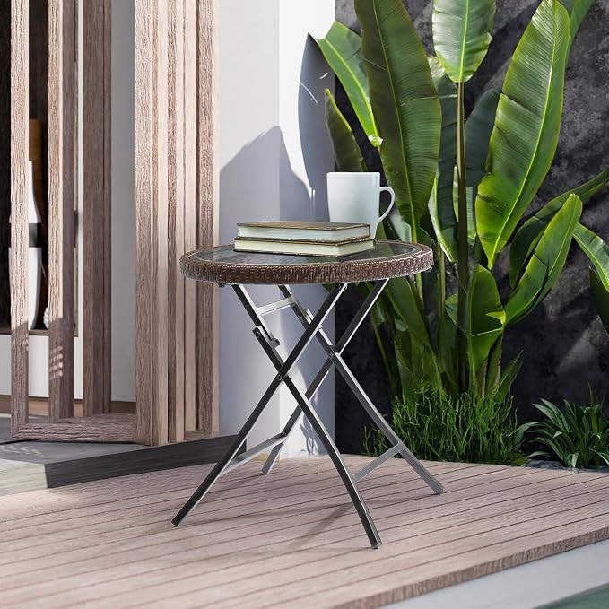 19in Modern Round Rattan Folding Glass Outdoor Side Table, Small Patio Table with Tempered Glass Top