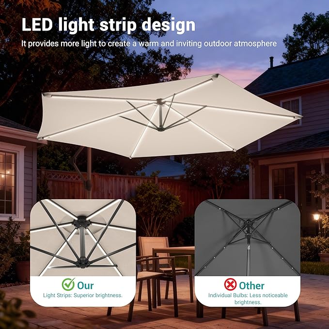 10ft Offset Patio Umbrella with Solar Light Strips,Outdoor Cantilever Hanging Umbrella with Cross Base, Fade Resistant Recycled Fabric, for Pool, Deck, Garden,Backyard,Beige