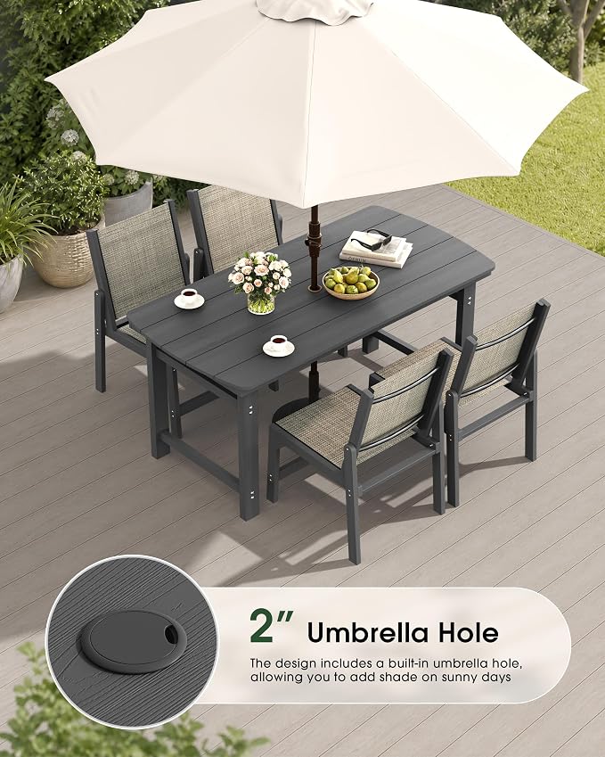 HDPE Outdoor Patio Dining Set with Table & 4 Stackable Armless Textilene Chairs, All-Weather 5-Piece Dining Table Set with Umbrella Hole, Patio Furniture for Garden, Poolside, Backyard, Deck | Grey