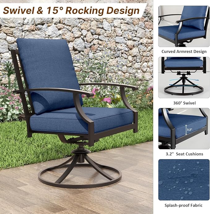 ALAULM 7-Piece Patio Dining Set with 14FT Patio Umbrella,Outdoor Dining Set with 6 Swivel Chairs & Rectangle Table with1.5 Umbrella Hole, Patio Dining Table and Chairs for Backyard,DarkBlue