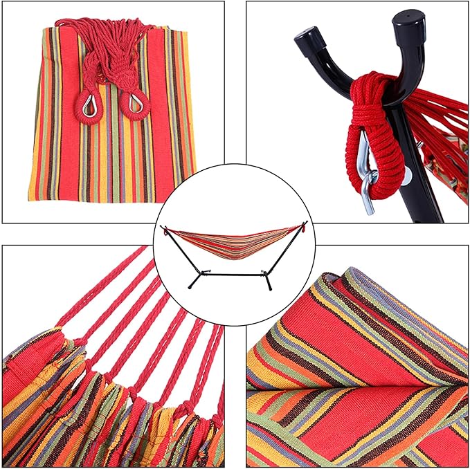 Hammock with Stand for Outside, 250lbs Portable Hammock, Heavy Duty Metal Frame, Breathable & Comfortable, Outdoor Gear, Easy to Setup, Hammocks for Camping, Hiking, Travel, Backpacking, Red Stripes