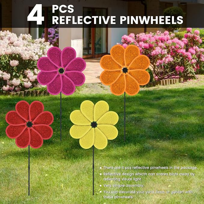 4PCS 11.4" W x 28" H Reflective Pinwheels Sparkly Lawn Wind Spinners Colorful Rainbow Windmill for Garden Decoration Bird Devices Deterrent to Scare Birds Away (Multicolor-1 Four Colors)