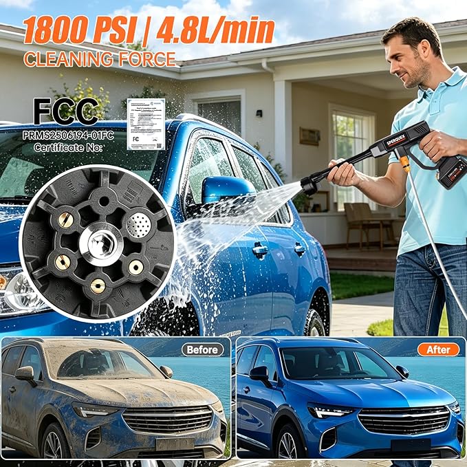 Cordless Portable Washer, 1800 PSI Battery Operated Washer, Handheld Washer with All-Copper Motor, 23FT Elastic Hose & 6-in-1 Nozzle, Lightweight Car Washer for Car, Garden, Patio and Home Cleaning