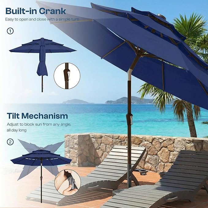 10ft Patio Umbrella, 3 Tier Outdoor Market Table Umbrellas with 8 Fiberglass Ribs and Push Button Tilt, Windproof, Vented Canopy, UV Protection for Deck, Pool, Backyard