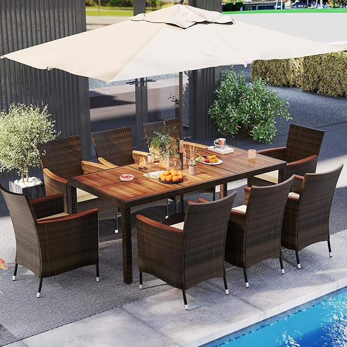 S AFSTAR Patio Dining Set for 8 with Umbrella Hole, 75” x 36” Acacia Wooden Table & PE Rattan Chairs for Deck, Backyard