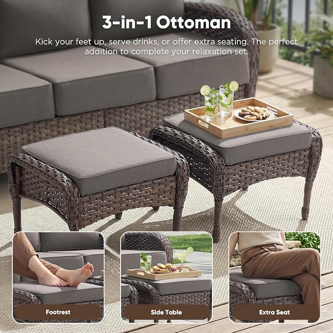 8-Piece Patio Furniture Set with Upgraded 6" Thick Cushion - High Back Outdoor Swivel Rocker Chairs with 3-Seater Sofa Set of 2,Ottomans,Wicker Outdoor Conversation Set for Deck, Porch, Yard, Poolside