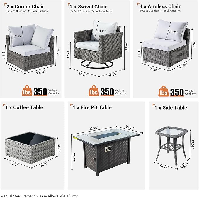 ovios 11 Piece Outdoor Patio Furniture Set with Fire Pit Table,Conversation Sectional Wicker Couch with Swivel Chairs,Modern Outside Sofa for Balcony Backyard, Grey