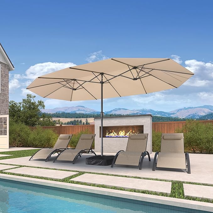 PURPLE LEAF 15ft Patio Umbrella with Base Included Double-Sided Rectangle Outdoor Umbrella Market Table Umbrella with Crank for Pool Garden Deck, Khaki