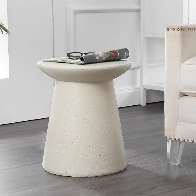 JONATHAN Y Hollie Polyresin Outdoor Side Table and Stool, 18" All-Weather Textured Round Pedestal Accent Table for Patio, Garden, Modern Minimalist, Cream Terrazzo TBL1108D