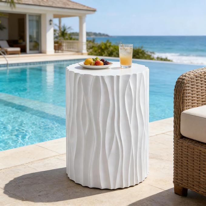 Merax 15.75” Outdoor Round Side Table, Wavy Fluted MGO Accent Table with 240 lbs Capacity, All-Weather Patio Furniture for Garden, Balcony, White