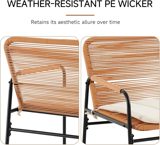 4-Piece Patio Conversation Set with Cushions, Outdoor Wicker Bistro Furniture with Rectangle Tempered Glass Coffee Table, All-Weather Rattan Loveseat Chairs for Porch, Backyard, Deck, Garden