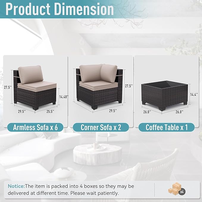 ALAULM 9 Pieces Patio Furniture Set Wicker Patio Conversation Set, Outdoor Sectional Furniture w/Coffee Table & Washable Seat Cushions-Sand