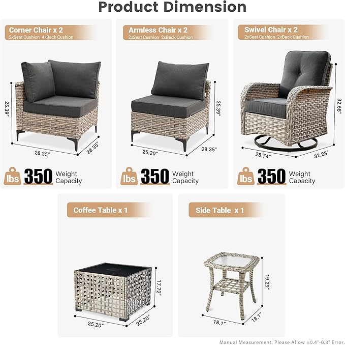 Outdoor Patio Furniture Sets, 8 PCS Patio Conversation Set Outside Rattan Sectional Sofa with Wicker Rocking Chairs Coffee Table Soft Cushion Fit Backyard Porch Garden Poolside Balcony