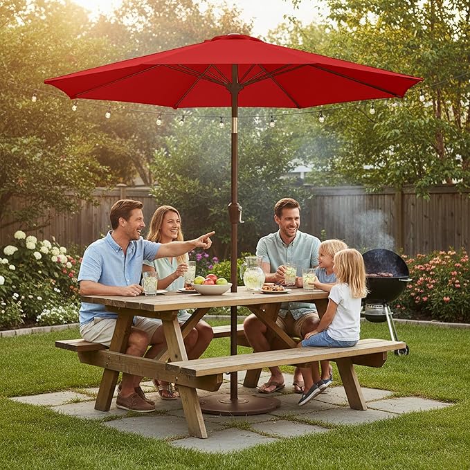 9ft Patio Umbrella with Push Button Tilt and Crank,Outdoor Market Table Umbrella UV Protection 8 Sturdy Ribs for Backyard,Garden,Pool,Deck(Red)