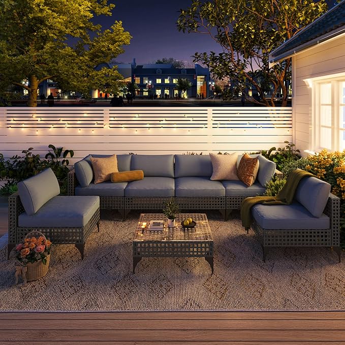 AECOJOY 7-Piece Patio Outdoor Furniture Set with Tea Table, Boho Outdoor Sectional Furniture Sofa PE Rattan Wicker Conversation Set, Grey Rattan&Blue Cushions
