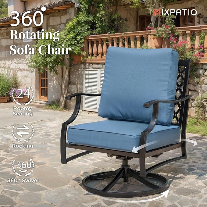 Patio Furniture Set 4 pcs, Metal Outdoor Patio Furniture, 3-Seat Sofa, 2 Swivel Chairs, Coffee Table and 5.75" Extra Thick Cushion, Conversation Set for Backyard Deck, Navy Blue