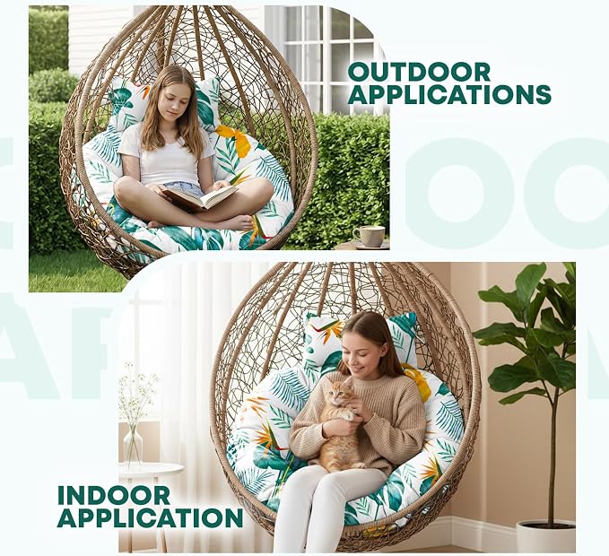 Outdoor 45" Round Egg Chair Cushion Replacement Waterproof Yellow Leaf | Thicken Pad with Headrest Pillow, Hanging Swing Wicker Egg Chair Cushions, Suitable for Garden Office
