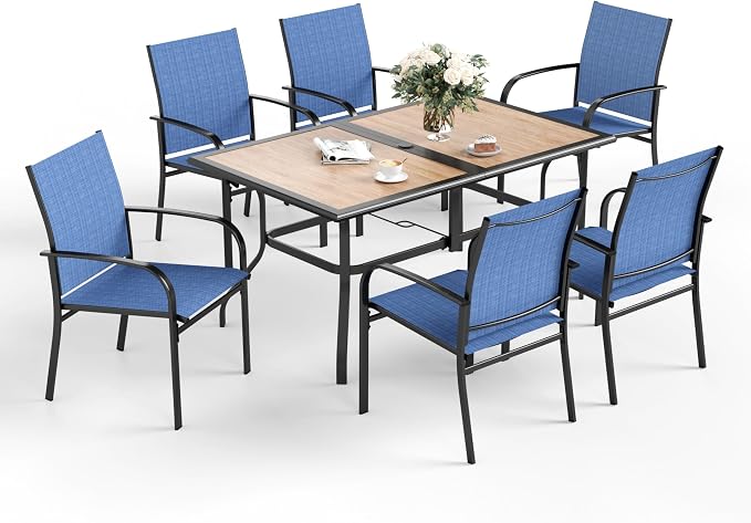 SUNSHINE VALLEY 7 Pcs Patio Dining Set for 6, Rectangular Metal Dining Table (PVC Table Top) with Umbrella Hole and 6 Chairs, Outdoor Dining Set for Lawn Garden Deck, Blue