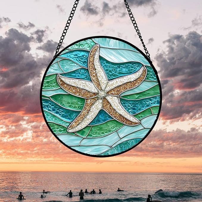 DASTOLL Stained Glass Window Hanging 4 Pcs Set Cyan Ocean Life Theme Large 11.8" - Sea Starfish Suncatcher Door Garden Sun Catcher Decor Birthday for Mom Woman Nana Men Friend
