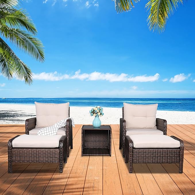 HomVent 5 Piece Wicker Patio Furniture Set, PE Wicker Rattan Outdoor All Weather Patio Sofa and Ottoman, Outdoor Bistro Set Patio Conversation Set with 2 Cushioned Chairs, 2 Ottomans & Coffee Table