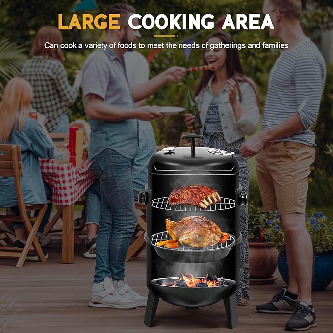 MASTER COOK 16 inch Charcoal Smoker, Vertical BBQ Grill, Heavy Duty 4 In 1 Fire Pit with built-in Thermometer & Adjustable Vent System for Backyard Patio Camping