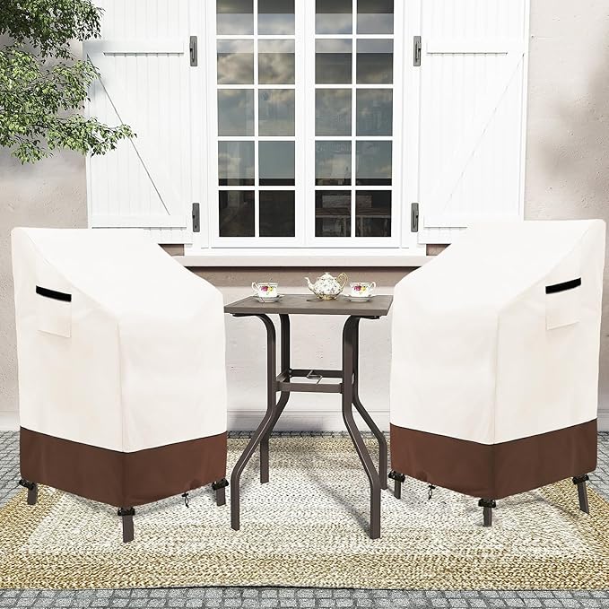 Stackable Patio Chair Covers Waterproof Patio Furniture Covers, 28 W x 36 D x 47 H InchesFits for 4-6 Stackable Dining Chairs 2 Pack (Beige & Brown)