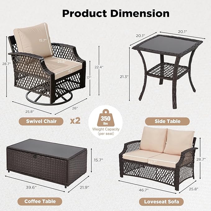 HOMREST 5 Piece Patio Furniture Set, Wicker Outdoor Conversation Sofa Set with Swivel Chairs, Loveseat, Storage Coffee Table, Glass Side Table, Soft Cushions for Deck Backyard Porch 4 Seats Khaki