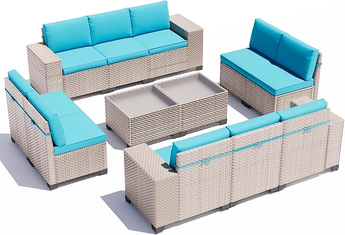 12 Pieces Patio Furniture Set, Outdoor Sectional Wicker Sofa with Thickened Cushions and Coffee Table, High Back Rattan Patio Conversation Sets for Garden Backyard, Cyan