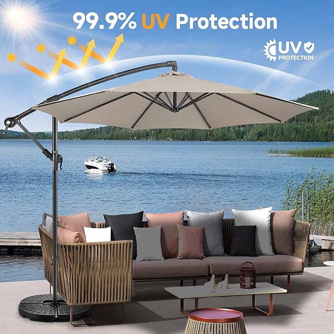 Offset Patio Umbrella Cantilever - 10 FT Cantilever Umbrella Outdoor with Crank and Cross Base, UV Protection Large Patio Umbrella for Garden, Deck, Backyard, Pool, Porch (Taupe)