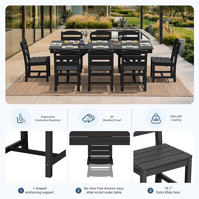 KINGYES Outdoor Armless Dining Chairs Set of 4,All-Weather HDPE Patio Chairs for Backyard,Pooside,Black