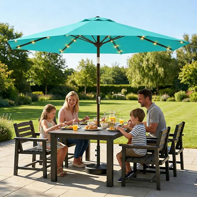 10FT Solar Lighted Patio Umbrella, Outdoor Table Market Umbrellas with Push Button Tilt and Crank, 32 LED Lights, 8 Sturdy Ribs, UV-Resistant for Deck, Garden, Pool