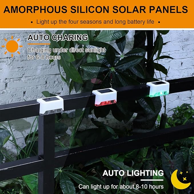 Geelin 32 Pcs Solar Deck Lights Outdoor, Waterproof LED Solar Step Fence Lights for Stairs, Step, Railing, Patio, Driveway, Garden, Pathway and Yard(White Shell Multicolor Light)