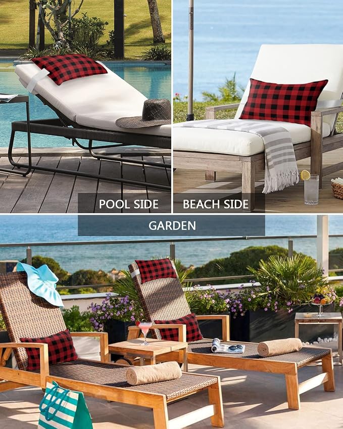 Outdoor Pillows Covers with Inserts Black and White Buffalo Checked Plaid Waterproof Recliner Pillow with Adjustable Strap Throw Pillows for Patio Furniture Pool Lounge Chair, 11x16 inch, 1PCS