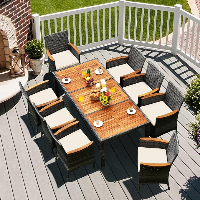 Patio Dining Set Outdoor Dining Set, 9 Pieces Wicker Patio Furniture Set with Acacia Wood Table and Chairs, Garden Dining Table Set for Backyard, Desk, Poolside, Christmas(Grey)