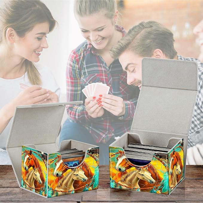 Card Deck Box for MTG, Cards Storage Box Fits 120+ Sleeved, Leather Small Size Strong Magnetic Closing Card Case for Board Games Magic TCG Baseball Collection, Two Horses Paving Dream Net