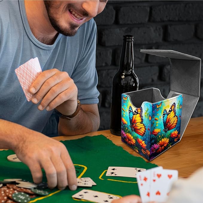 Deck Box for MTG, Cards Storage Box Fits 120+ Sleeved, Leather Medium Size Strong Magnetic Closing Card Case for Board Games Magic TCG CCG Baseball Collection, Butterfly Blue Sky