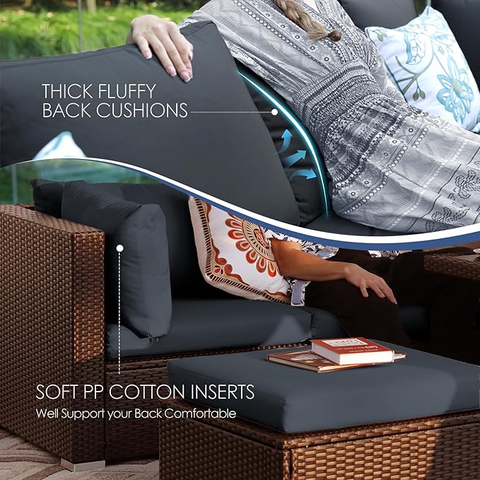 NICESOUL 11 Piece Outdoor Furniture Set with Fireplace, Luxury Patio Sectional Sets 10-Seater, Chill 29.3'' High-Back Backyard Seating, All-Weather Rattan Couch Sofa for Outside, Deck, Brown & Grey