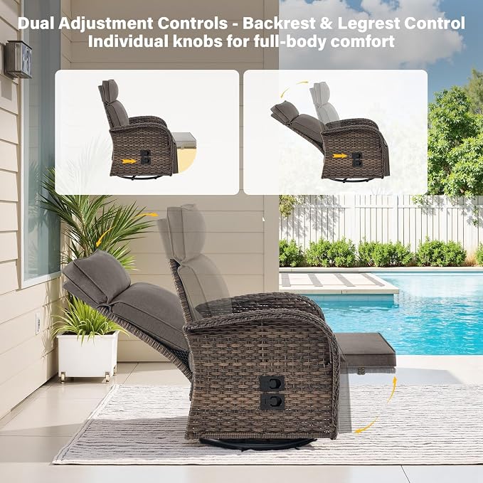 Dual-Adjust Swivel Outdoor Recliner Chair Set of 3 - Reclining Patio Chair with Adjustable Backrest and Footrest, All-Weather Wicker Chaise Lounge Outdoor with Side Table for Pool Deck Brown Grey