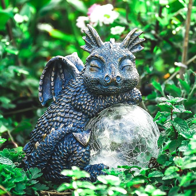 Solar Dragon Garden Statue, Dragon Solar Lights with Crackled Glass Globe | Solar Dragon Statue with Glowing Light, Fantasy Outdoor Decor for Garden, Patio, Yard, Fairy Ggarden and Dragon Lovers Gifts