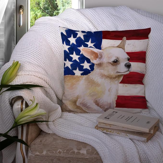 Caroline's Treasures BB9697PW1414 Chihuahua Leg up Patriotic Fabric Decorative Pillow Machine Washable, Indoor Outdoor Decorative Pillow for Couch, Bed or Patio, 14Hx14W