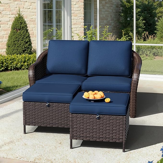 Outdoor Sectional Sofa Set | 55" 2-seat Outdoor Couch with 2 Ottomans, Outside Wicker Furniture with Removable Cushions for Bistro, Deck, Porch, Sunroom (Navy Blue)