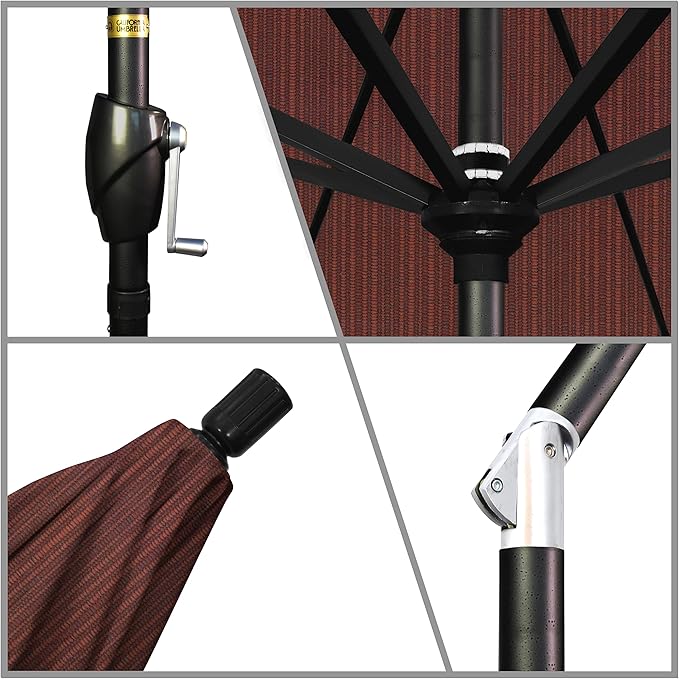 California Umbrella 9' Round Aluminum Market Umbrella, Crank Lift, Push Button Tilt, Black Pole, Terrace Adobe Olefin